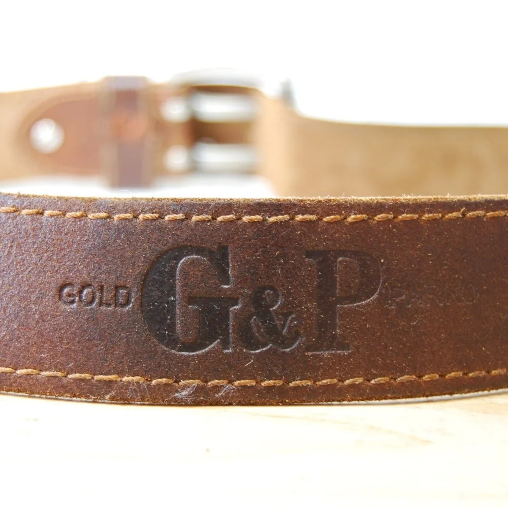 Brown leather‎ belt size 40 Gold & Parko logo embossed accessory double prong
